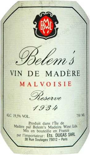 MADEIRA MALVOISIE RESERVE, BELEM 1934